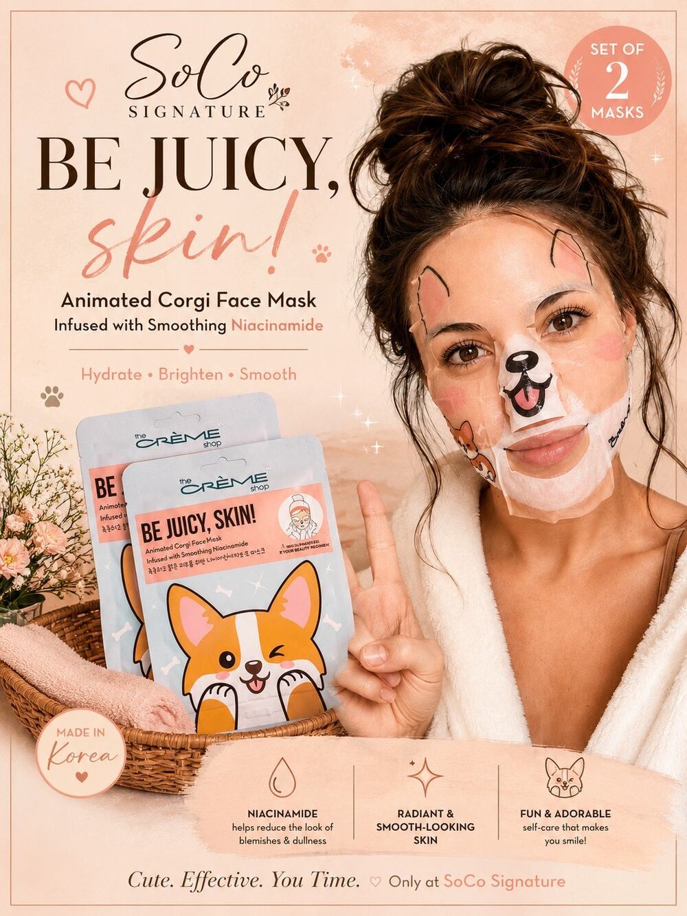 The Crème Shop Be Juicy Skin Corgi Face Masks Set of 2 Niacinamide K Beauty